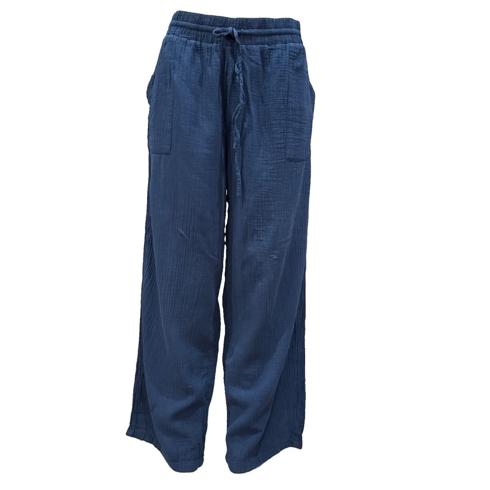 Style & Co Navy Blue Pull-On Pants Wide Leg 100% Gauze Cotton Women's Size L